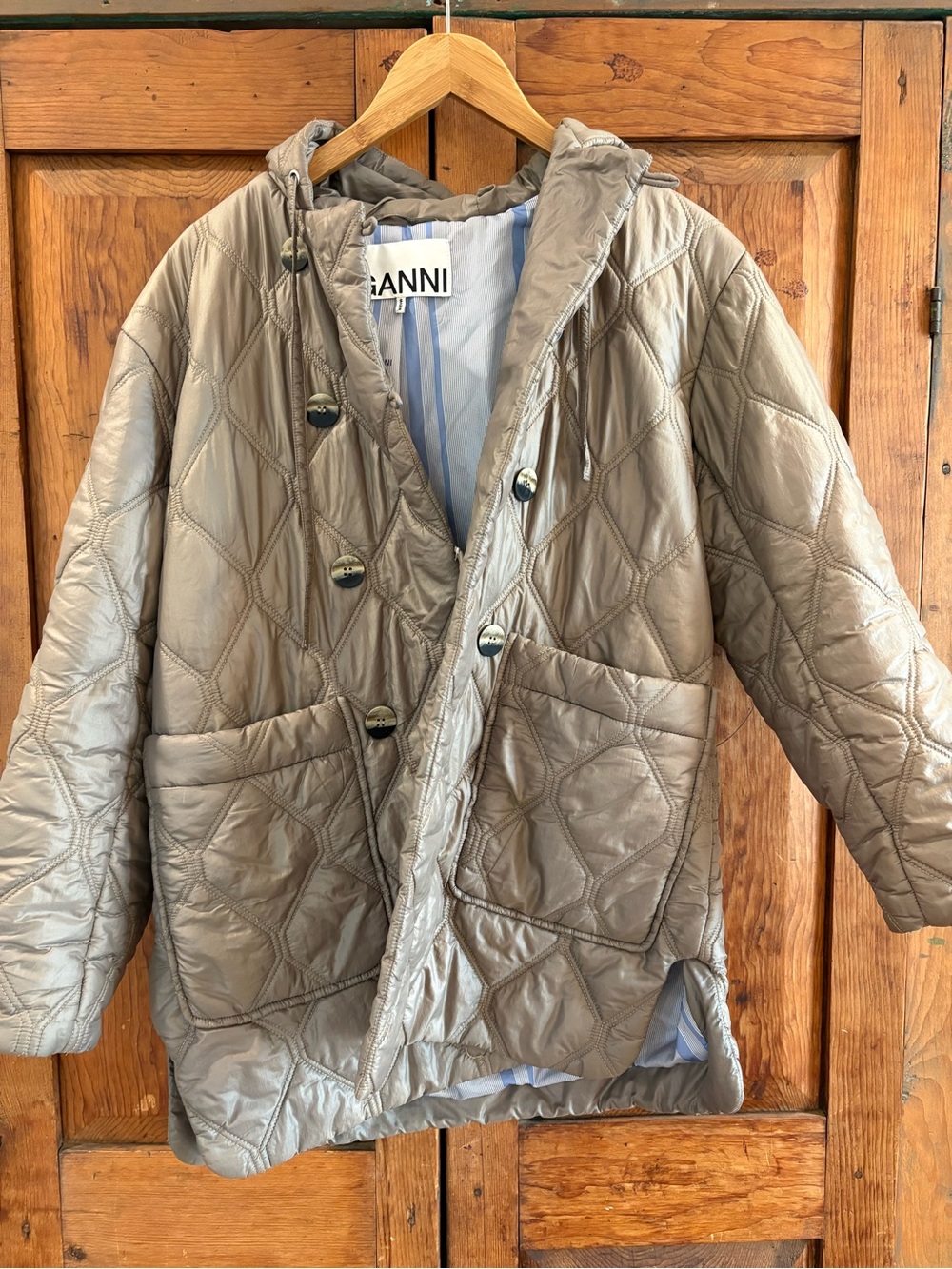 Ganni Quilted Hooded Puffer Jacket in Taupe
